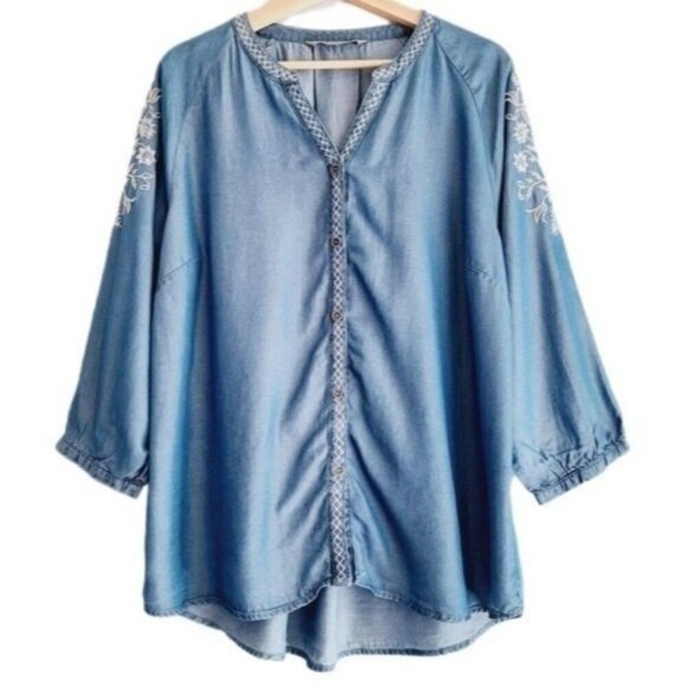 KATIES Floral Embroidery Button Down Boho Blouse Blue Sz XL